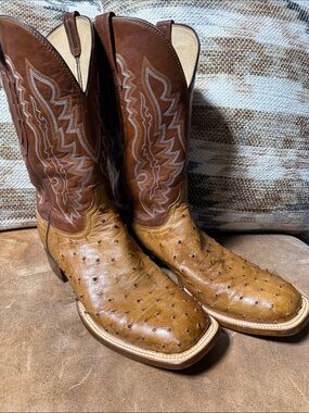 Lucchese Two-Tone Brown and Tan Full Quill Ostrich Cowboy Boots, 12EE